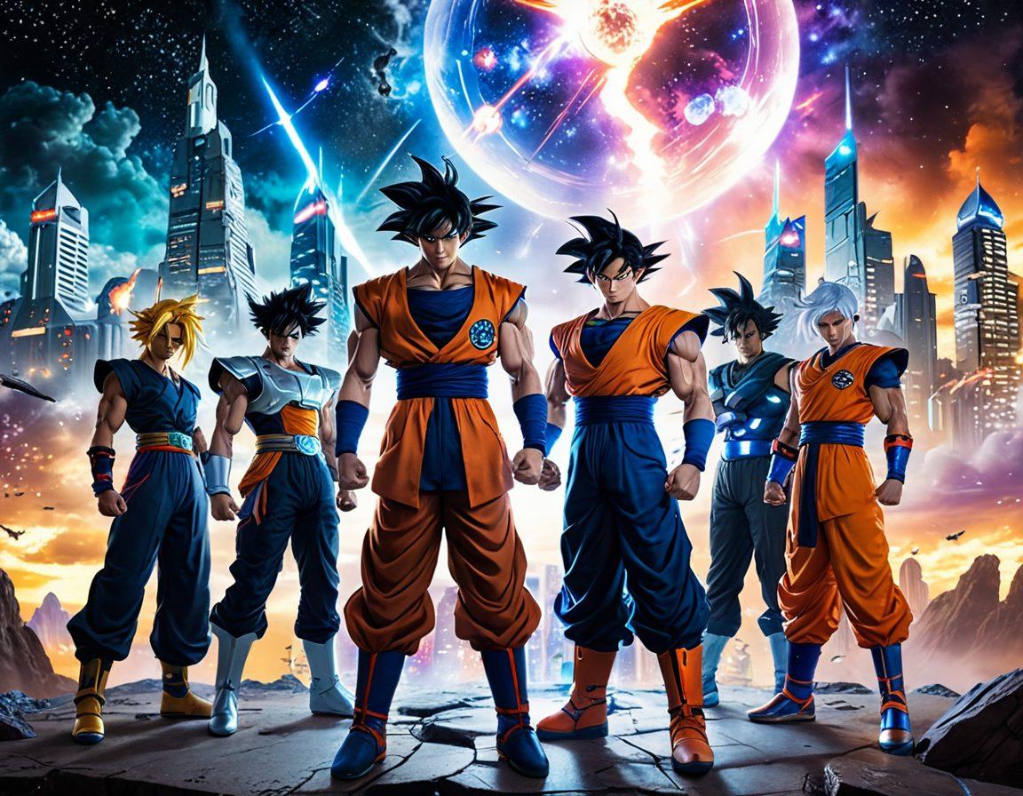 A dynamic scene portraying Dark Goku in an epic sci-fi landscape, surrounded by vibrant cosmic colors and intergalactic elements. Include diverse cosplayers embodying various interpretations of Goku in detailed costumes, showcasing their enthusiasm and creativity. The background should feature futuristic cities, flying spaceships, and a starry sky, capturing the essence of adventure and fandom. composition should be energetic and dramatic. super-realistic. vibrant colors.