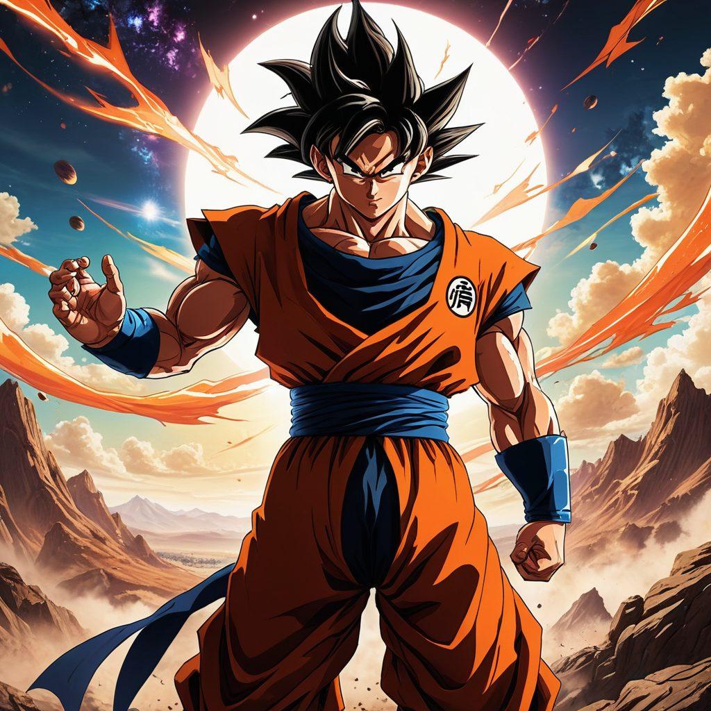 A dynamic scene showcasing Dark Goku in a powerful stance, surrounded by swirling dark energy. Include contrasting elements of light to represent his heroic past, with shadows hinting at his transformation. Set against an epic landscape that blends traditional Dragon Ball aesthetics with modern graphic novel styles. The background should feature iconic Dragon Ball elements like the Capsule Corporation and flying cars. super-realistic. vibrant colors. action-packed.