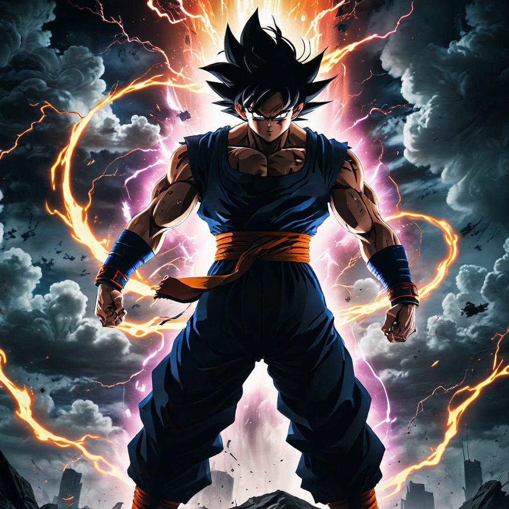 A striking illustration of Dark Goku standing defiantly on a desolate, shadowy battlefield, surrounded by swirling dark energy and ominous clouds. His eyes glow with a fierce intensity, and his aura radiates power, casting eerie shadows around him. A sense of mystery and allure emanates from him, drawing viewers in. Include elements of anime-style action to emphasize movement and energy. vibrant colors. cyberpunk. highly detailed.